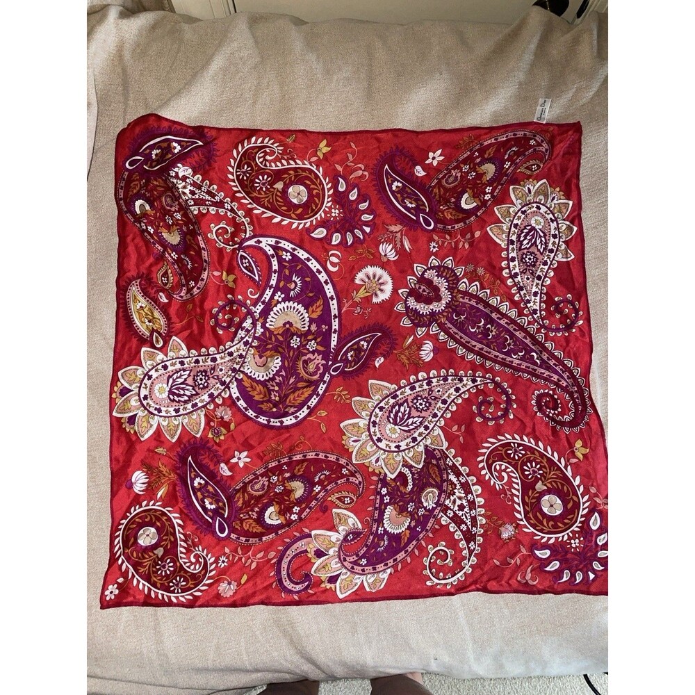 Christian Dior Red Paisley Silk Satin Square Scarf w/ Logo Accent 25"